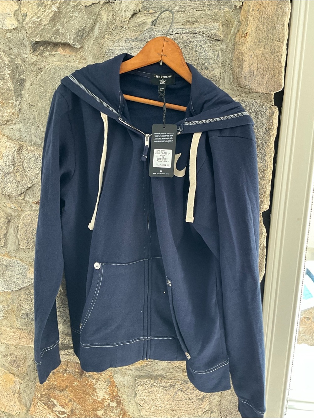 True Religion Navy Hoodie with Cream Drawstrings